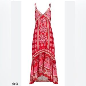 EUC FARM Rio Summer Sunrise Red White Pink Maxi Dress sundress linen vacation